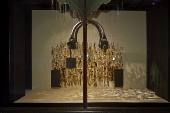 Loewe Installation formed with miniature versions of the tools used to make the brand's cult Amazona bag dipped in gold